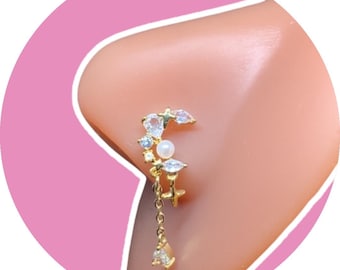 Faux Pearls and Crystals Dangle Nose Ring | Gold Nose Stud 20G Surgical Steel