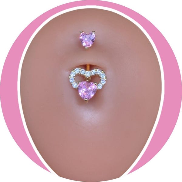 Pink Crystal Heart Belly Ring | 14G Surgical Steel Barbell