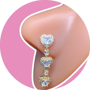 Piercing de nariz colgante Royal Hearts / Piercing de nariz con borla dorada, calibre 20, acero quirúrgico