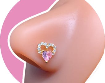Pink Crystal Heart Nose Stud | 20G Surgical Steel Nose Ring