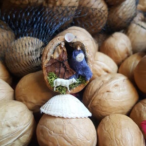 May include: A close-up of walnuts, some in a net bag, with a miniature nativity scene carved into a walnut shell. The scene features figures in brown and blue robes, a white lamb, and a seashell.