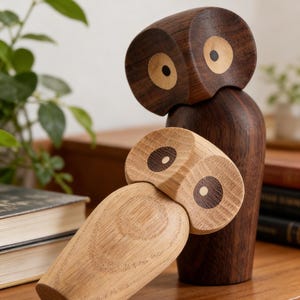 Puede incluir: Dos figuras de búho de madera. Una es de color marrón oscuro, la otra es de color marrón claro. Ambas tienen ojos circulares con un centro de color claro. Los búhos están colocados sobre una superficie de madera, uno inclinado hacia adelante.