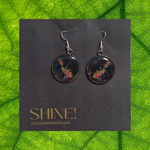 May include: A pair of silver dangle earrings with round black resin charms. The charms have a colorful, abstract design with a black background and pink, red, and blue accents. The earrings are displayed on a black background with the text "SHINE!" and a website address.