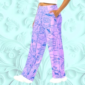 Lilac & Pink Aviation IFR Chart Lounge Pants | unisex wide-leg pants | Pajama bottoms | Cosy