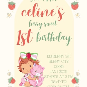 Faire-part d'anniversaire sur le thème Charlotte aux fraises Canva Pro