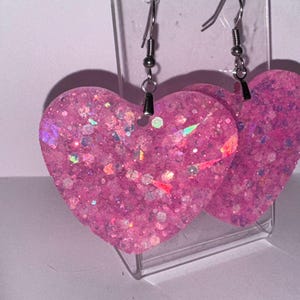 Handmade Resin Heart Earrings – Sparkly Pink Glitter Statement Jewelry