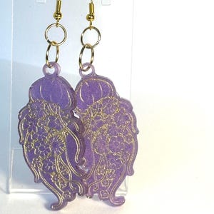 Purple Jellyfish Resin Earrings with Gold Floral Etching – Handmade Ocean-Inspired Jewelry