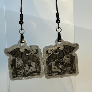 Dragon & Book Resin Earrings- Black Hook Gothic Bookworm Jewelry