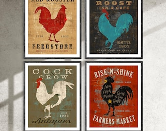 May include: Four framed vintage-style rooster prints. Each print features a rooster illustration with text. The prints have a distressed look with colors including red, blue, black, and white. The text includes "Red Rooster", "Feedstore", "Rule the Roost", "Farmers Market".