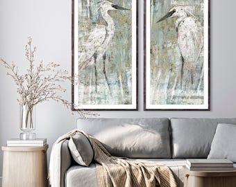 Marsh Birds Wall Art — 2 Tall Heron Prints in Soft Neutrals to Choose From — Nature-Inspired Bird Art — Coastal Wall Decor — Sold Separately