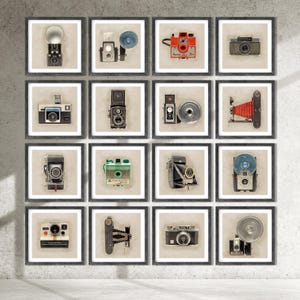 May include: A collection of framed vintage camera prints. The images showcase various camera models, including box cameras, rangefinders, and instant cameras. The cameras are in black, red, green, and silver. The prints are displayed against a neutral background.