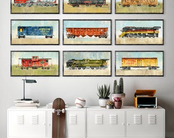 Vintage Trains Wall Art — 9 Railroad Engine & Freight Car Prints to Choose From — Kids, Train Lovers Transportation Art — Sold Separately
