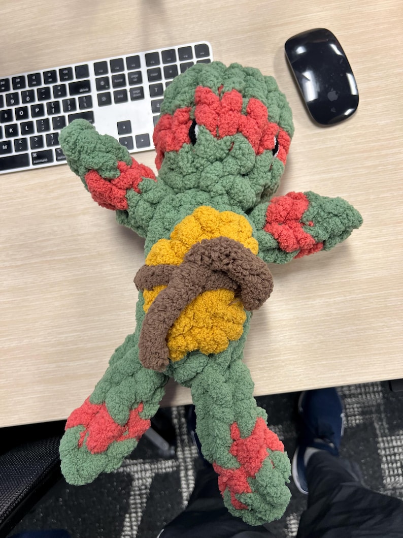 May include: A green, red, and yellow crocheted turtle toy. The turtle has a brown belt around its waist.