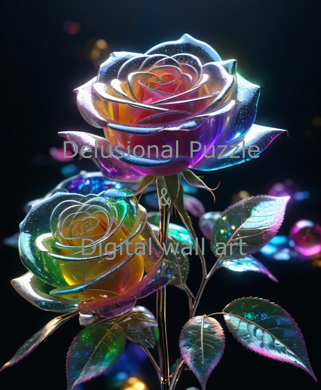 Iridescent Roses Iridescent Glass Rose: Ethereal Rainbow Crystal Floral Digital Art - Etsy