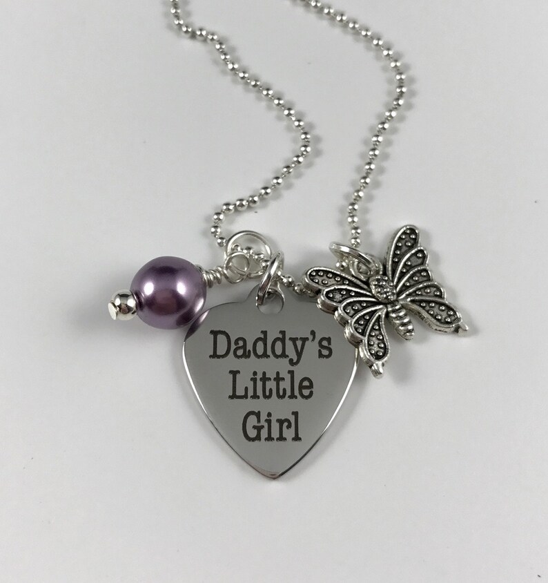 Daddy/'s Little Girl Heart with Butterfly Charm and Your Choice of Pearl Color Stainless Steel Pendant Laser Engraved Pendant