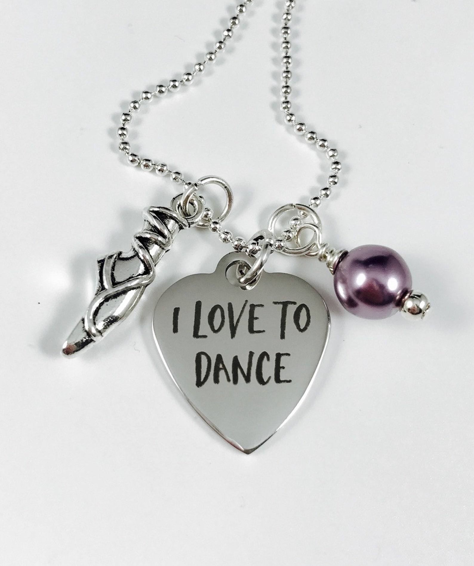 i love to dance with ballet shoe charm and your choice of pearl color - laser engraved pendant - stainless steel pendant