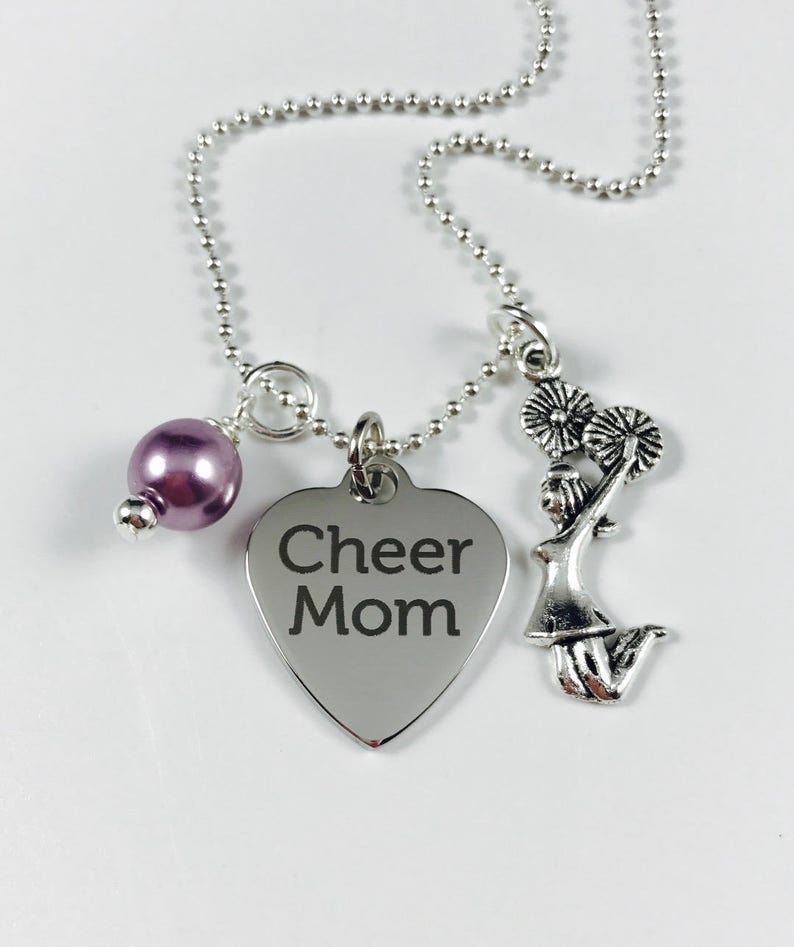 Laser Engraved Pendant Mother Gift Stainless Steel Pendant Cheer Mom- Your Choice of Pearl Color and a Silver Cheerleader Charm