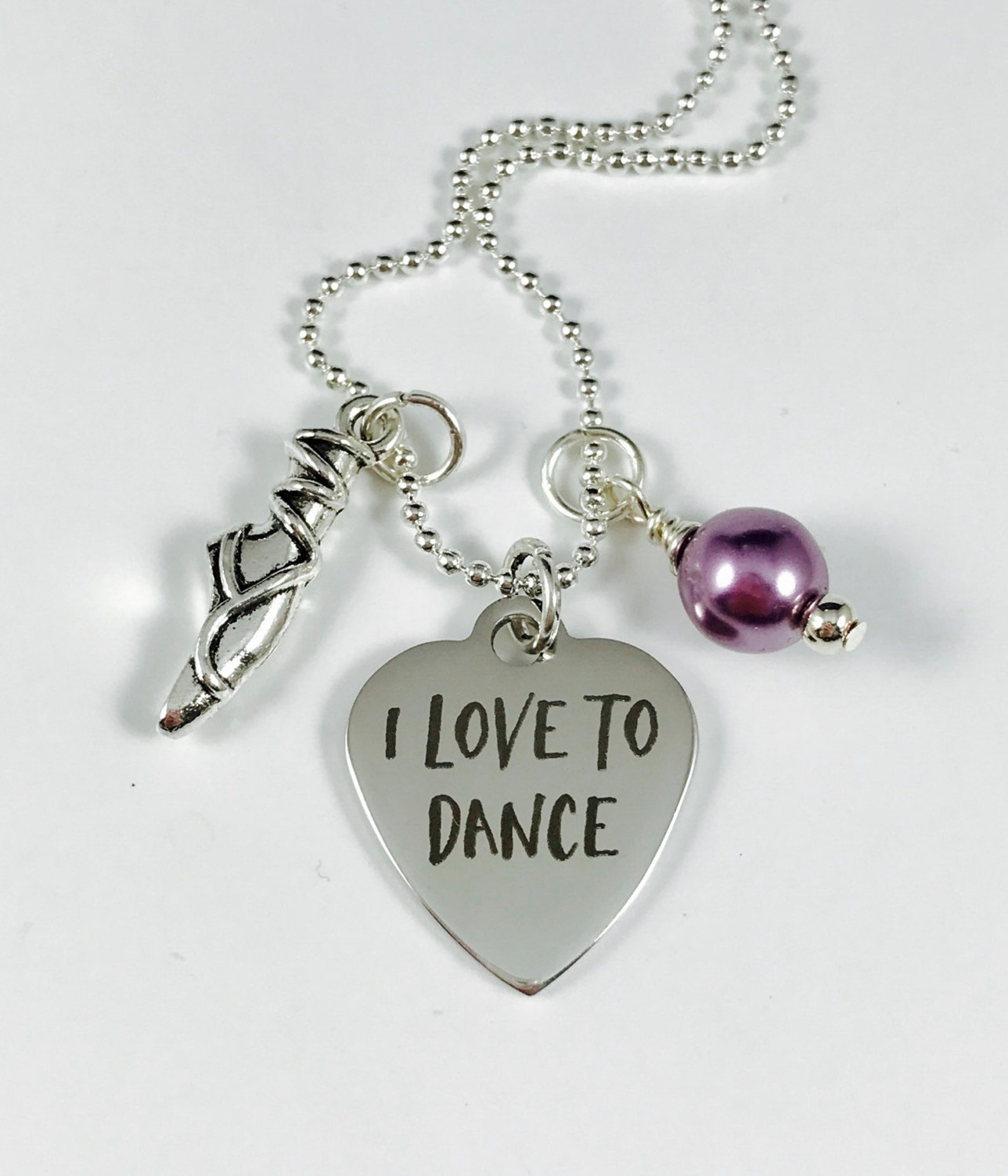 i love to dance with ballet shoe charm and your choice of pearl color - laser engraved pendant - stainless steel pendant