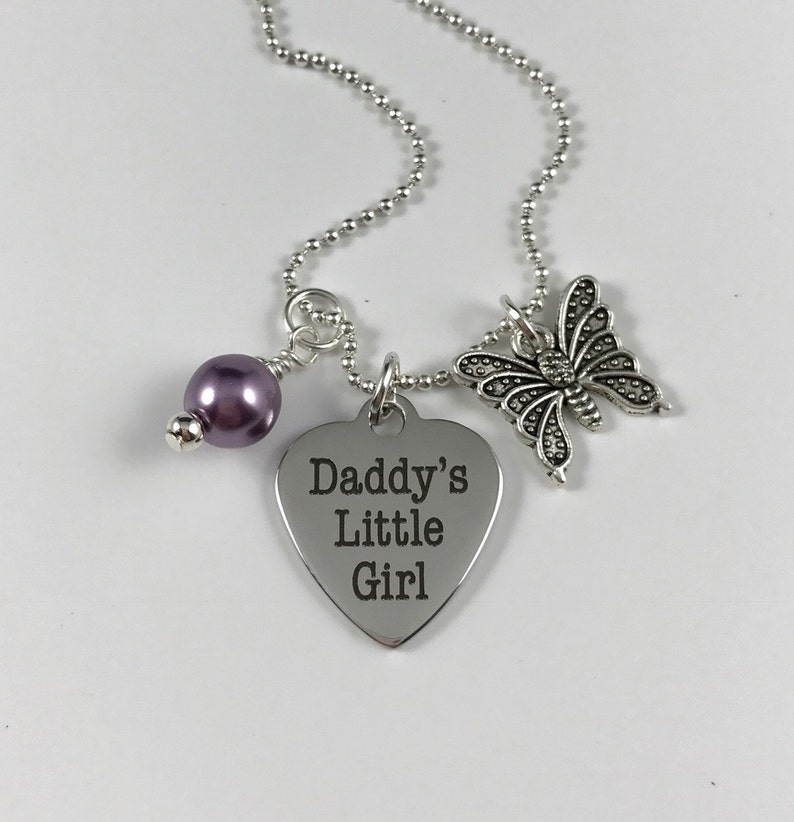 Daddy/'s Little Girl Heart with Butterfly Charm and Your Choice of Pearl Color Stainless Steel Pendant Laser Engraved Pendant