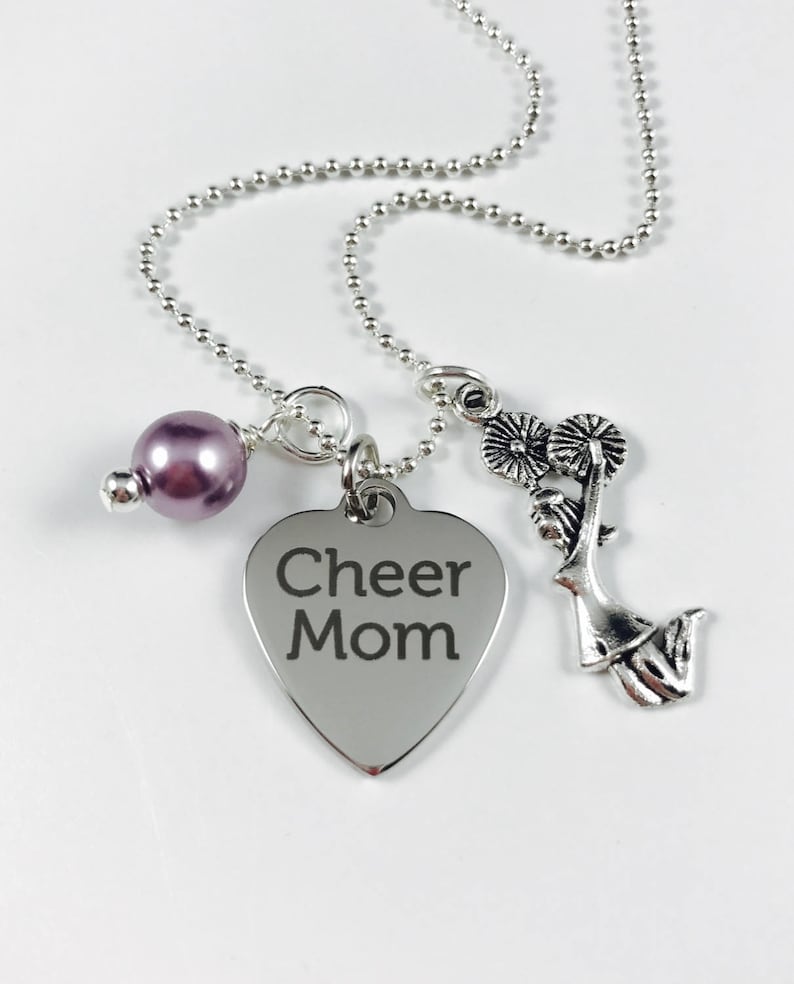 Laser Engraved Pendant Mother Gift Stainless Steel Pendant Cheer Mom- Your Choice of Pearl Color and a Silver Cheerleader Charm