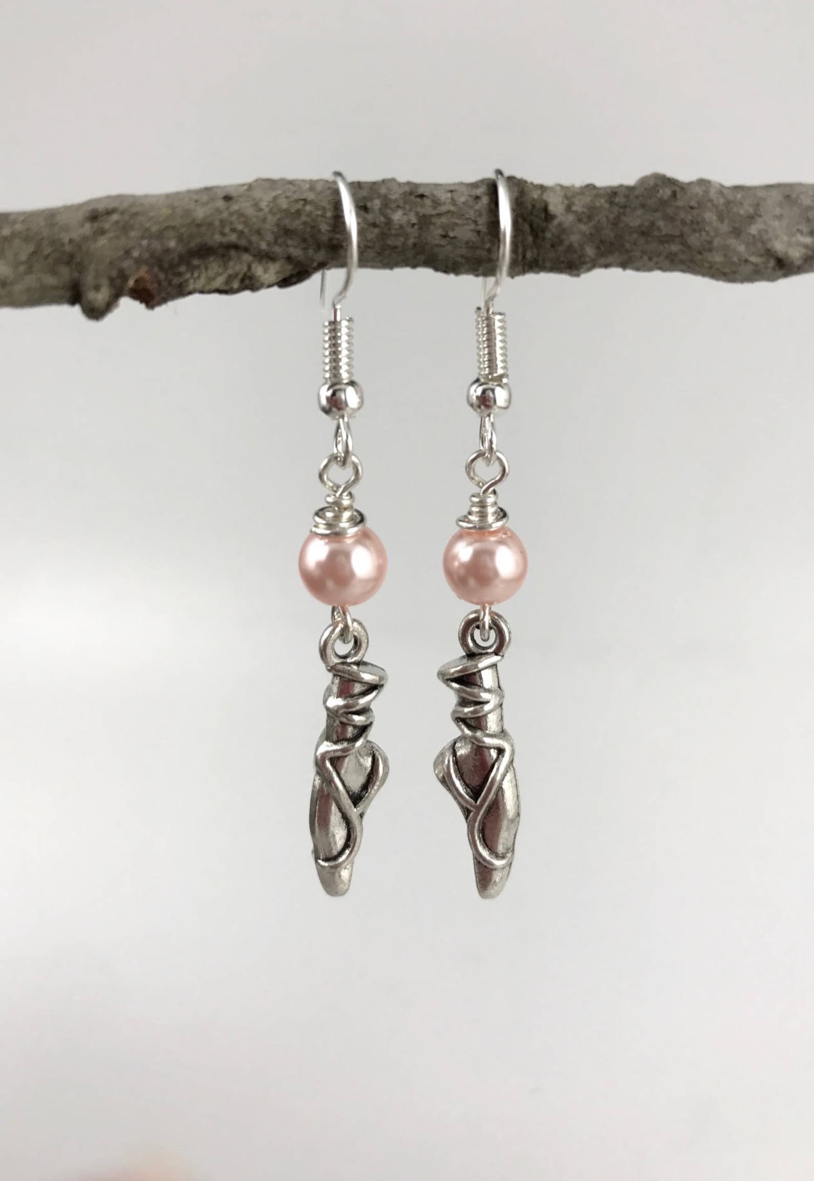 ballet shoes charm earrings - pearl color options - antique silver ballet shoes w/glass pearl - custom options - ballet shoes/pe