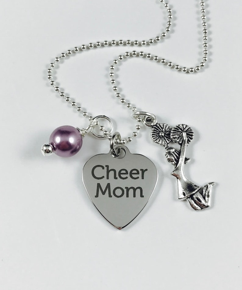 Laser Engraved Pendant Mother Gift Stainless Steel Pendant Cheer Mom- Your Choice of Pearl Color and a Silver Cheerleader Charm