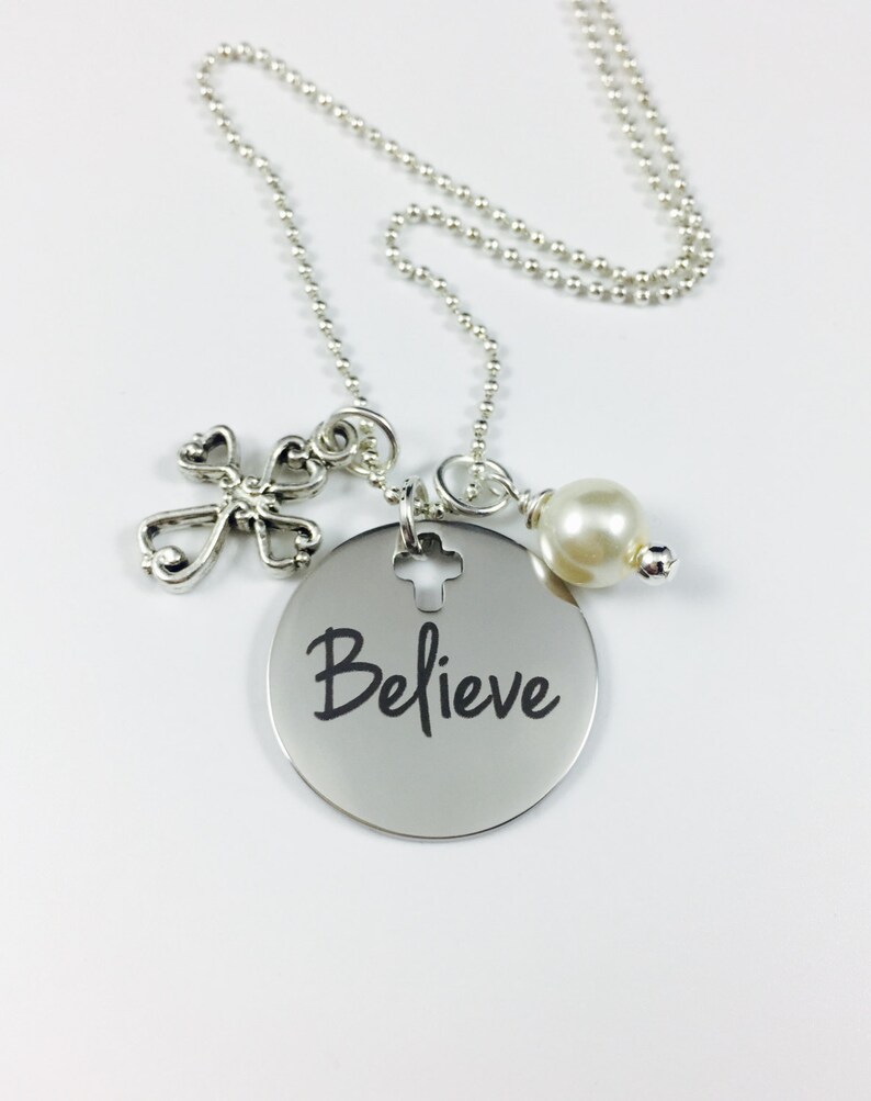 BELIEVE Laser Engraved Charm Necklace Stainless Steel Etsy