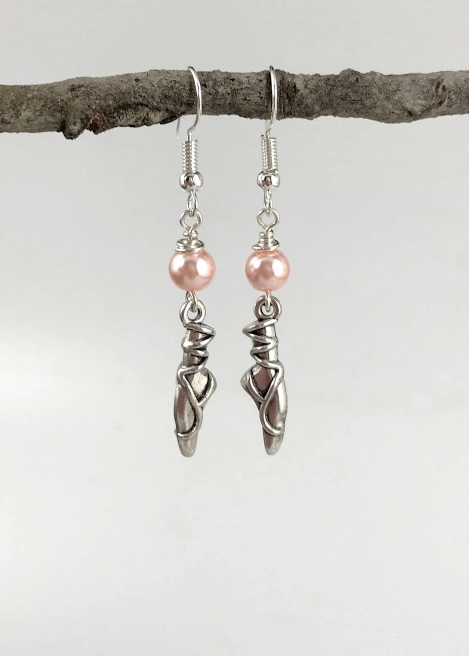 ballet shoes charm earrings - pearl color options - antique silver ballet shoes w/glass pearl - custom options - ballet shoes/pe