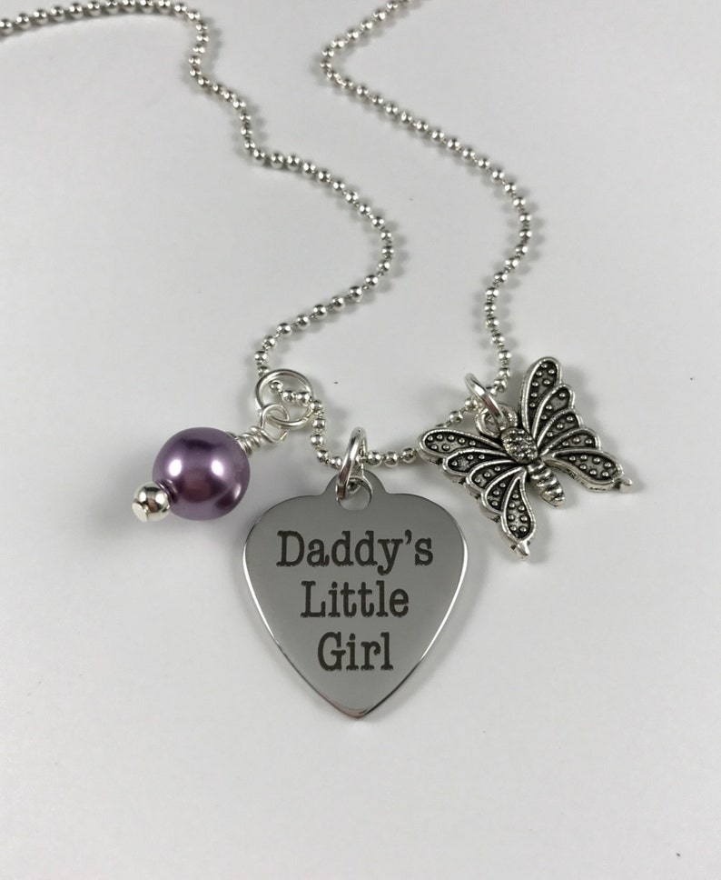 Daddy/'s Little Girl Heart with Butterfly Charm and Your Choice of Pearl Color Stainless Steel Pendant Laser Engraved Pendant