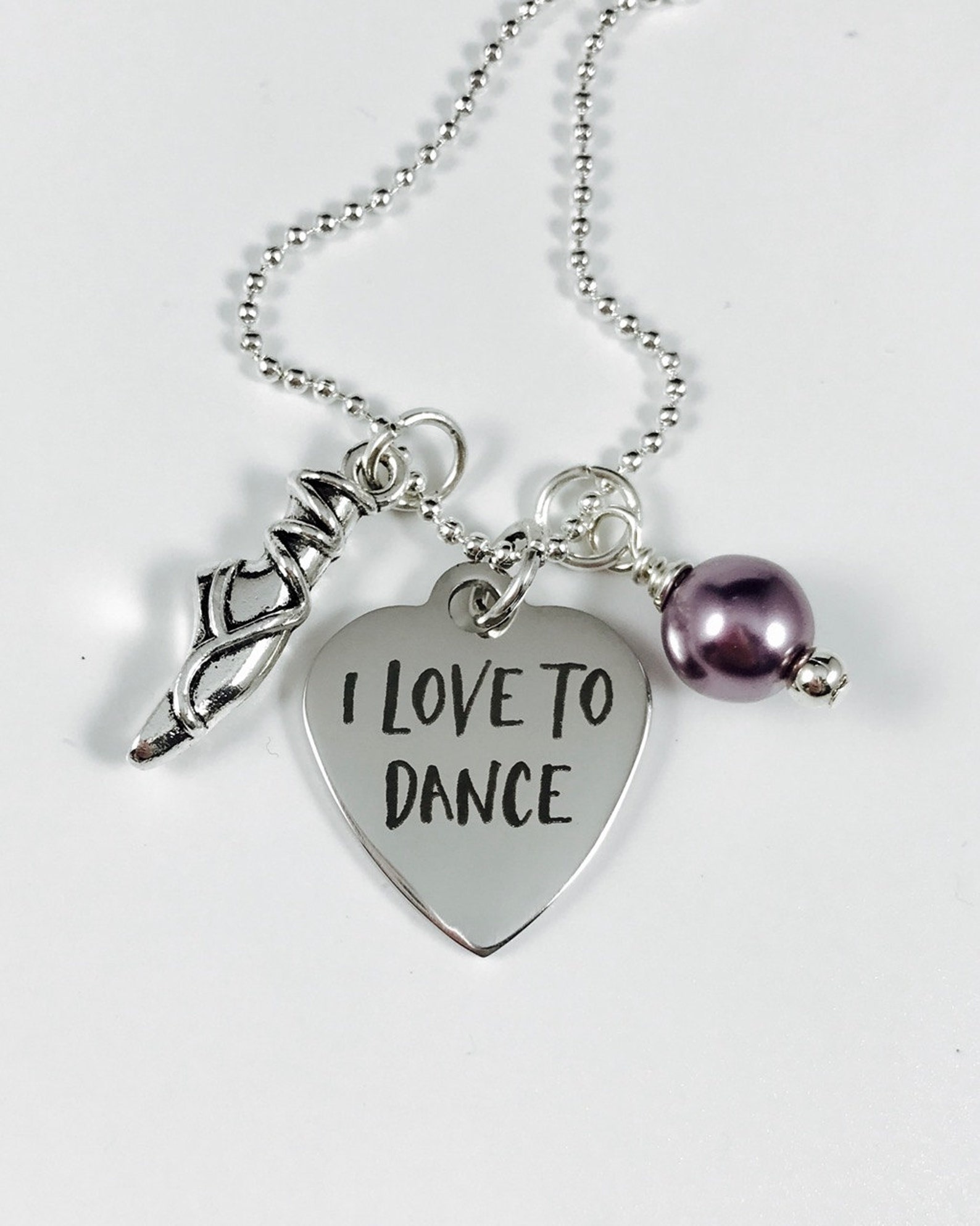 i love to dance with ballet shoe charm and your choice of pearl color - laser engraved pendant - stainless steel pendant