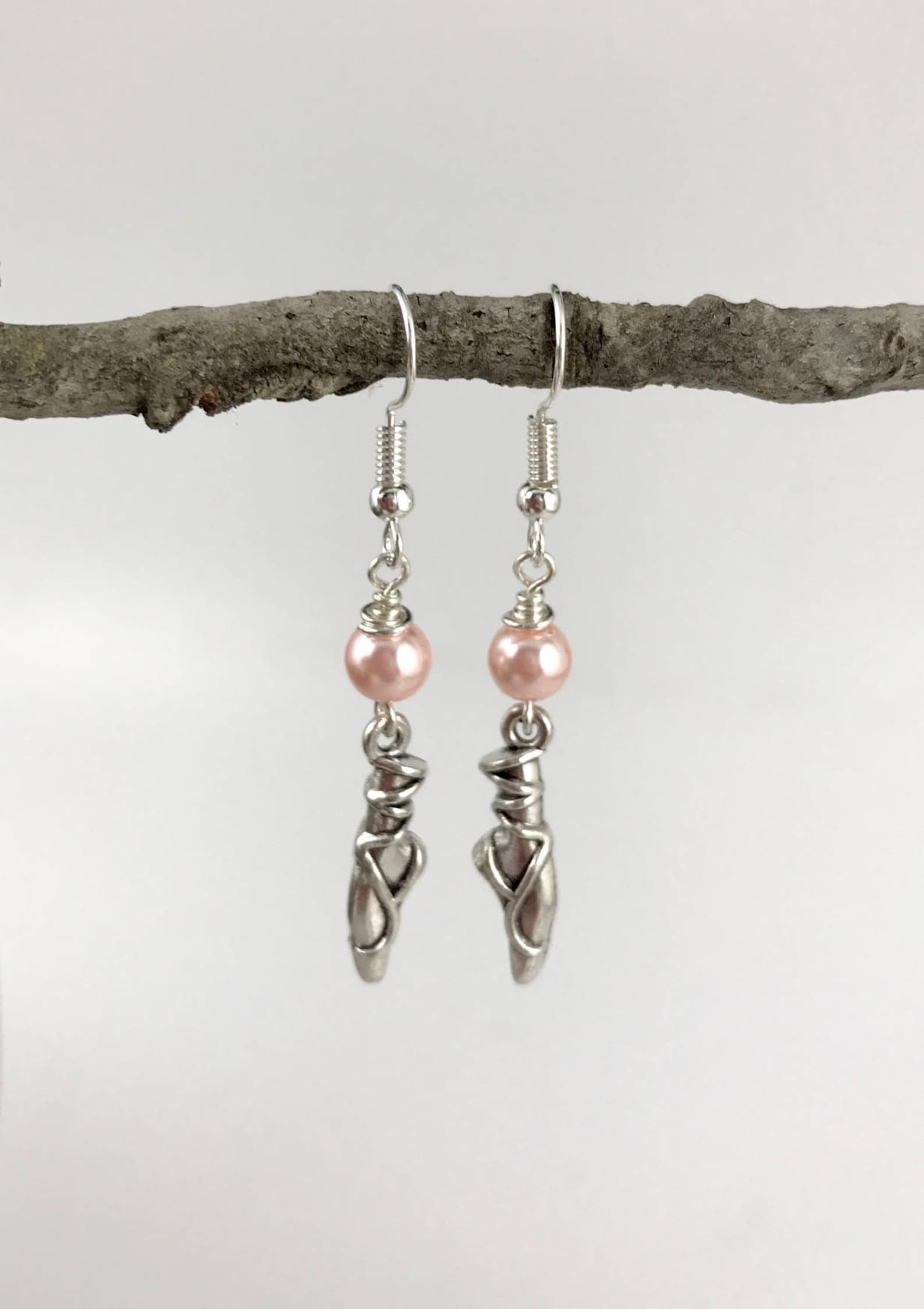 ballet shoes charm earrings - pearl color options - antique silver ballet shoes w/glass pearl - custom options - ballet shoes/pe