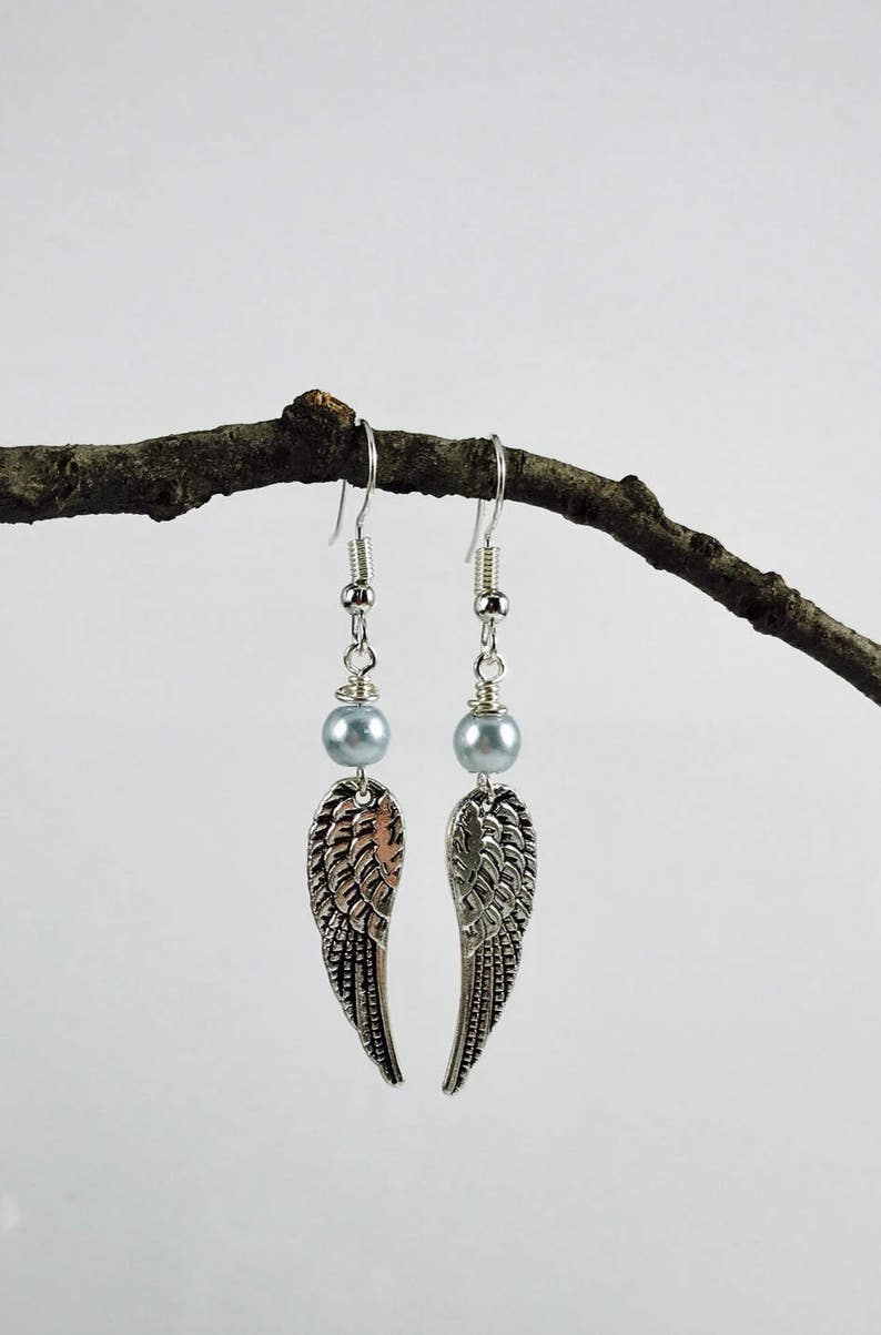 Angel Wing Earrings Pearl Color Options Antique Silver Etsy