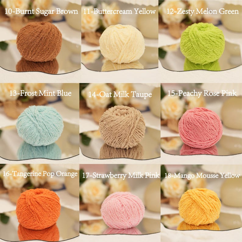 May include: Nine balls of yarn in shades such as burnt sugar brown, buttercream yellow, zesty melon green, frost mint blue, oat milk taupe, peachy rose pink, tangerine pop orange, strawberry milk pink, and mango mousse yellow. Each ball is labelled with a number and colour name.