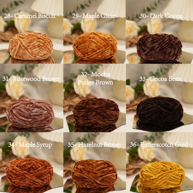 May include: Nine skeins of velvet yarn in various shades of brown and gold. Colors include Caramel Biscuit, Maple Glaze, Dark Cocoa, Rosewood Brown, Mocha Fudge Brown, Cocoa Bean, Maple Syrup, Hazelnut Brown, and Butterscotch Gold. Each skein is labeled with a number.