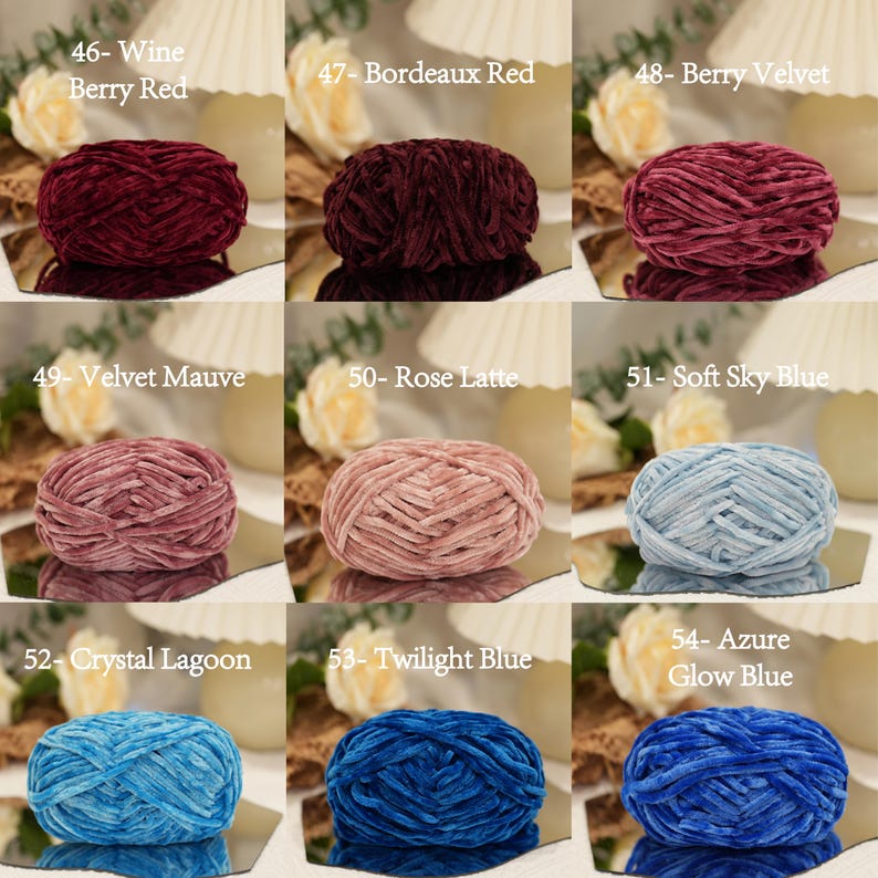 May include: Nine skeins of velvet yarn in various colors, including Wine Berry Red, Bordeaux Red, Berry Velvet, Velvet Mauve, Rose Latte, Soft Sky Blue, Crystal Lagoon, Twilight Blue, and Azure Glow Blue. Each skein is labeled with its color name and number.