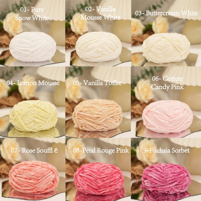 May include: Nine skeins of yarn in various colors, including white, cream, yellow, pink, and peach. Each skein is labeled with a color name, such as "Pure Snow White" and "Fuchsia Sorbet". The yarn is arranged on a reflective surface.
