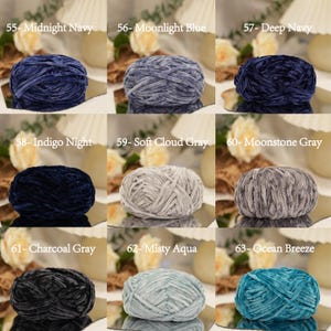 May include: Nine skeins of velvet yarn in various colors, including Midnight Navy, Moonlight Blue, Deep Navy, Indigo Night, Soft Cloud Gray, Moonstone Gray, Charcoal Gray, Misty Aqua, and Ocean Breeze. Each skein is labeled with a number.
