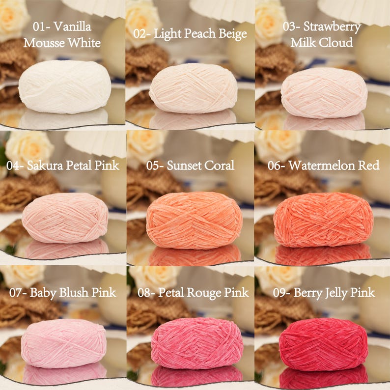 May include: Nine skeins of yarn in various colors, including Vanilla Mousse White, Light Peach Beige, and Strawberry Milk Cloud. Other colors are Sakura Petal Pink, Sunset Coral, Watermelon Red, Baby Blush Pink, Petal Rouge Pink, and Berry Jelly Pink. Each skein is labeled with its color name.