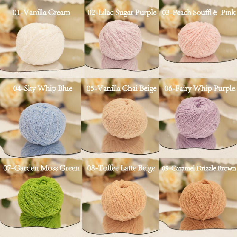 May include: Nine balls of yarn in a range of colours, including cream, purple, pink, blue, beige, green, and brown. Each ball is labelled with a colour name, such as "Vanilla Cream" and "Caramel Drizzle Brown."