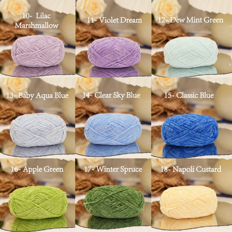 May include: Nine skeins of yarn in various colors, including lilac, violet, mint green, aqua blue, clear sky blue, classic blue, apple green, winter spruce, and napoli custard. Each skein is labeled with its color name.