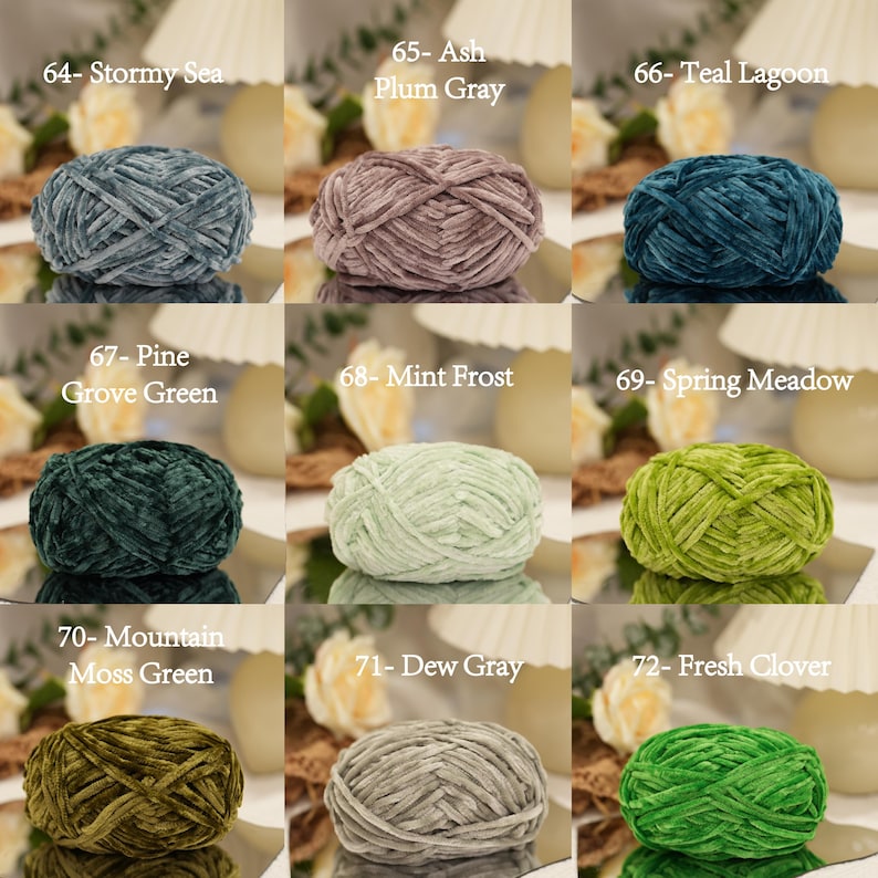 May include: Nine skeins of colorful velvet yarn in various shades. Colors include Stormy Sea, Ash Plum Gray, Teal Lagoon, Pine Grove Green, Mint Frost, Spring Meadow, Mountain Moss Green, Dew Gray, and Fresh Clover. Each skein is labeled with a number and color name.