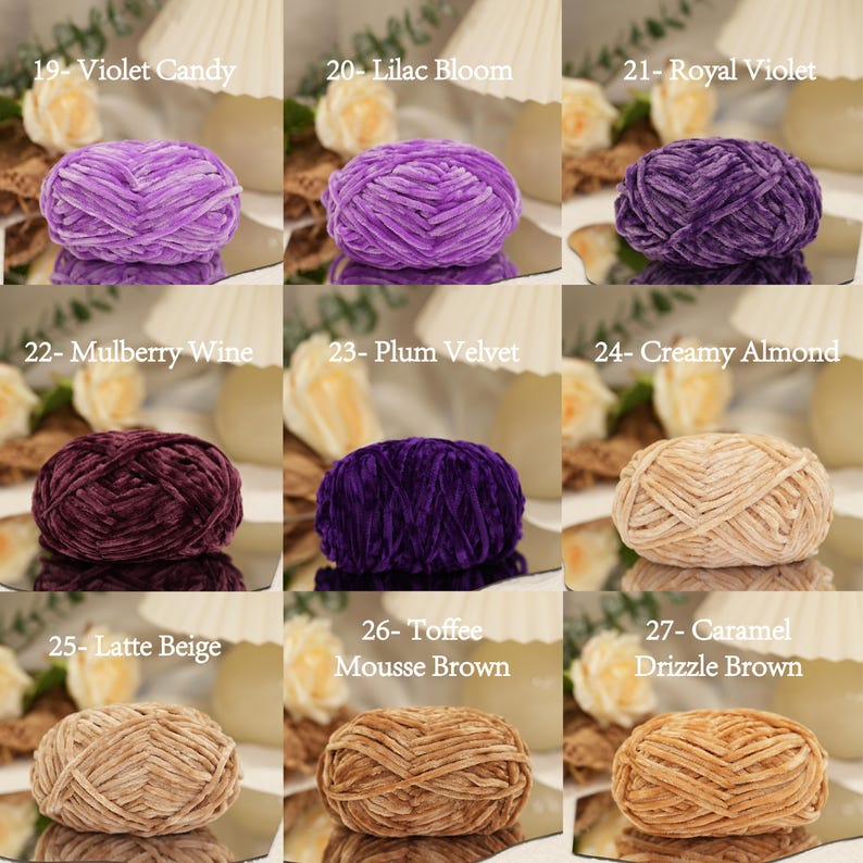 May include: A collection of velvet yarn skeins in various colors, including violet, purple, burgundy, and beige. Each skein is labeled with a color name and number, such as "Violet Candy" and "Creamy Almond". Ideal for knitting and crochet projects.