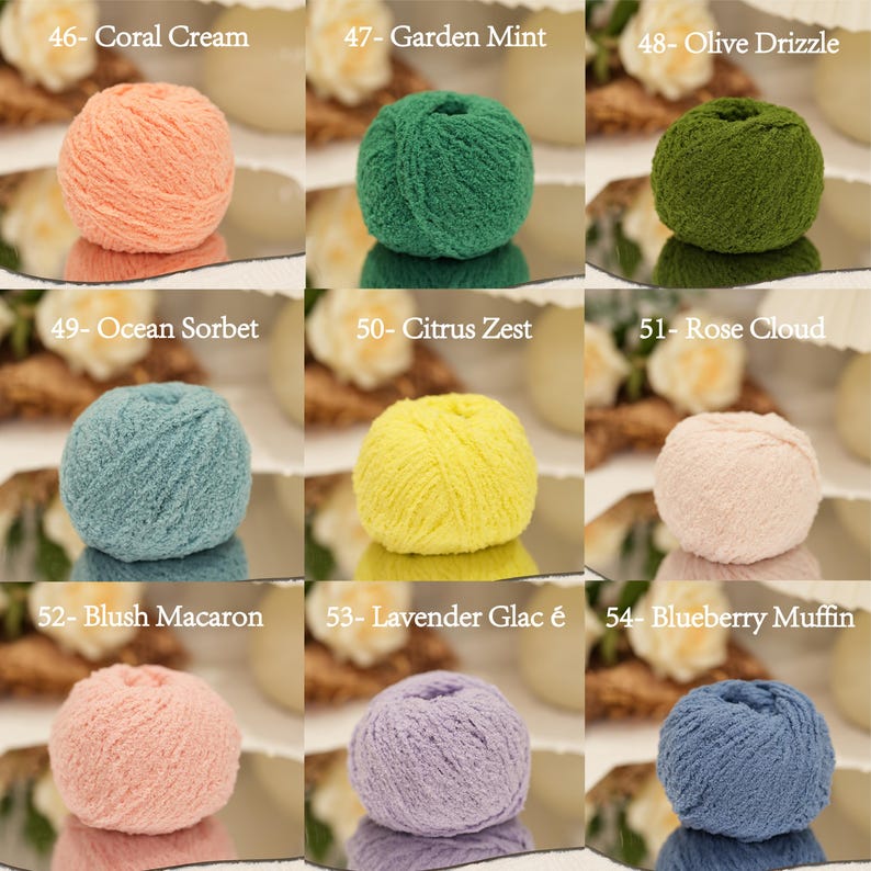May include: Nine balls of yarn in a range of colours, including coral, green, olive, blue, yellow, and pink. Each ball is labelled with a number and colour name, such as "Coral Cream" and "Garden Mint". The yarn appears soft and textured.