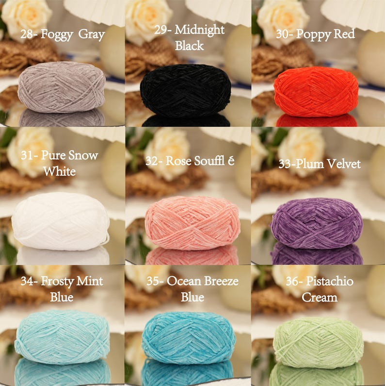 May include: Nine skeins of yarn in various colors, including Foggy Gray, Midnight Black, Poppy Red, Pure Snow White, Rose Souffl&eacute;, Plum Velvet, Frosty Mint Blue, Ocean Breeze Blue, and Pistachio Cream. Each skein is labeled with a number and color name.