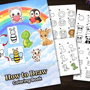 Może przedstawiać: Kolorowanka dla dzieci zatytułowana "How to Draw Coloring Book" z ilustracjami uroczych zwierząt, takich jak kot, pingwin i pszczoła. Książka zawiera instrukcje krok po kroku rysowania różnych zwierząt, z tęczą i chmurami w tle.