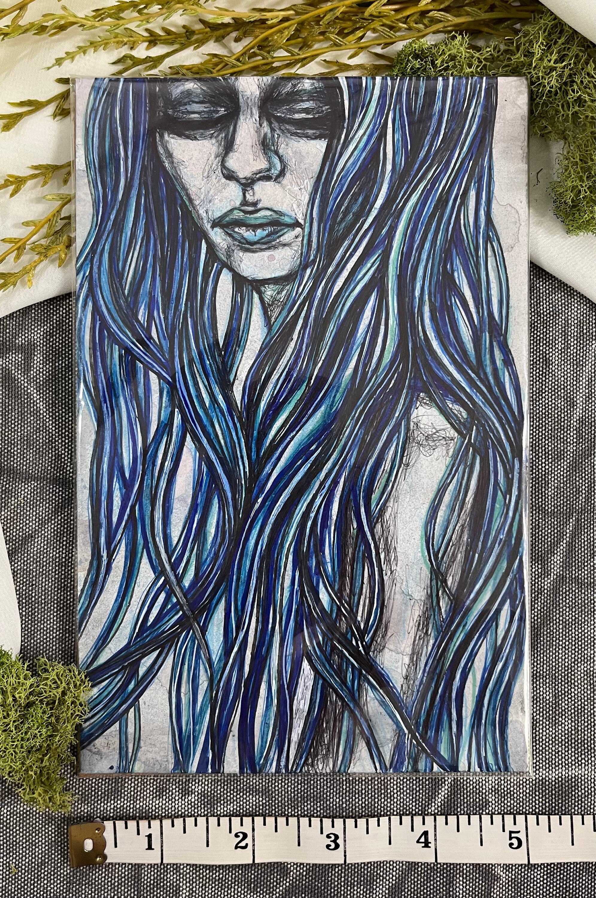 Woman In Blue Ink Original Art- Blue Ink Pen and Watercolor Portrait of Woman With Long ...