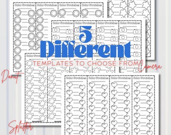 May include: Five different color swatch templates are displayed, each with a unique design: flower, donut, splatter, camera, and heart. The text "5 Different Templates to Choose From" is in blue. Each template has multiple spaces for color swatches.