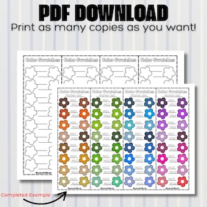 May include: Two sheets of paper with colour swatches for markers. The top sheet has blank flower shapes, while the bottom sheet has completed colour swatches in various shades. Text at the top reads "PDF DOWNLOAD" and "Print as many copies as you want!"