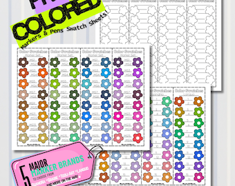 May include: Pre-coloured marker and pen swatch sheets with flower-shaped colour swatches. The image includes a tag that says "5 Major Marker Brands" and "Markers & Pens Swatch Sheets!"