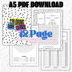 Może przedstawiać: Plik PDF A5 do pobrania, 12-stronicowy szablon dziennika śledzenia kolorowania. Okładka zawiera tekst "COLORING Tracker JOURNAL" z czarno-białym abstrakcyjnym wzorem. Zawiera strony do śledzenia postępów w kolorowaniu i szczegółów książki.
